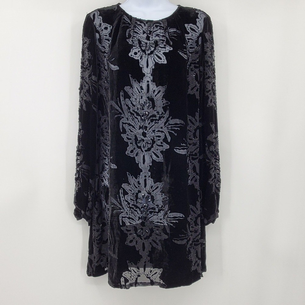 Vintage Cache Dress 8 Black Velvet Burnout Beaded Silk Whimsigoth Y2K Gothic - Picture 2 of 14